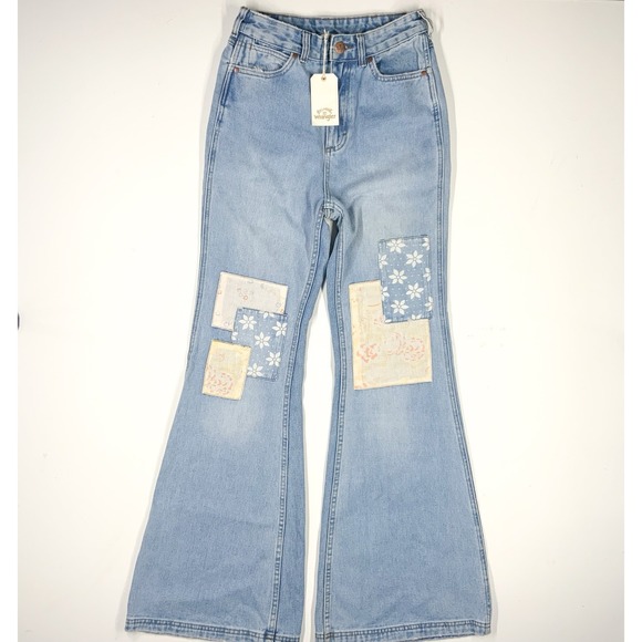 Wrangler Billabong Bell Bottom Faded Blue Denim Jeans 26 Patch Flared Leg Floral - Picture 1 of 9